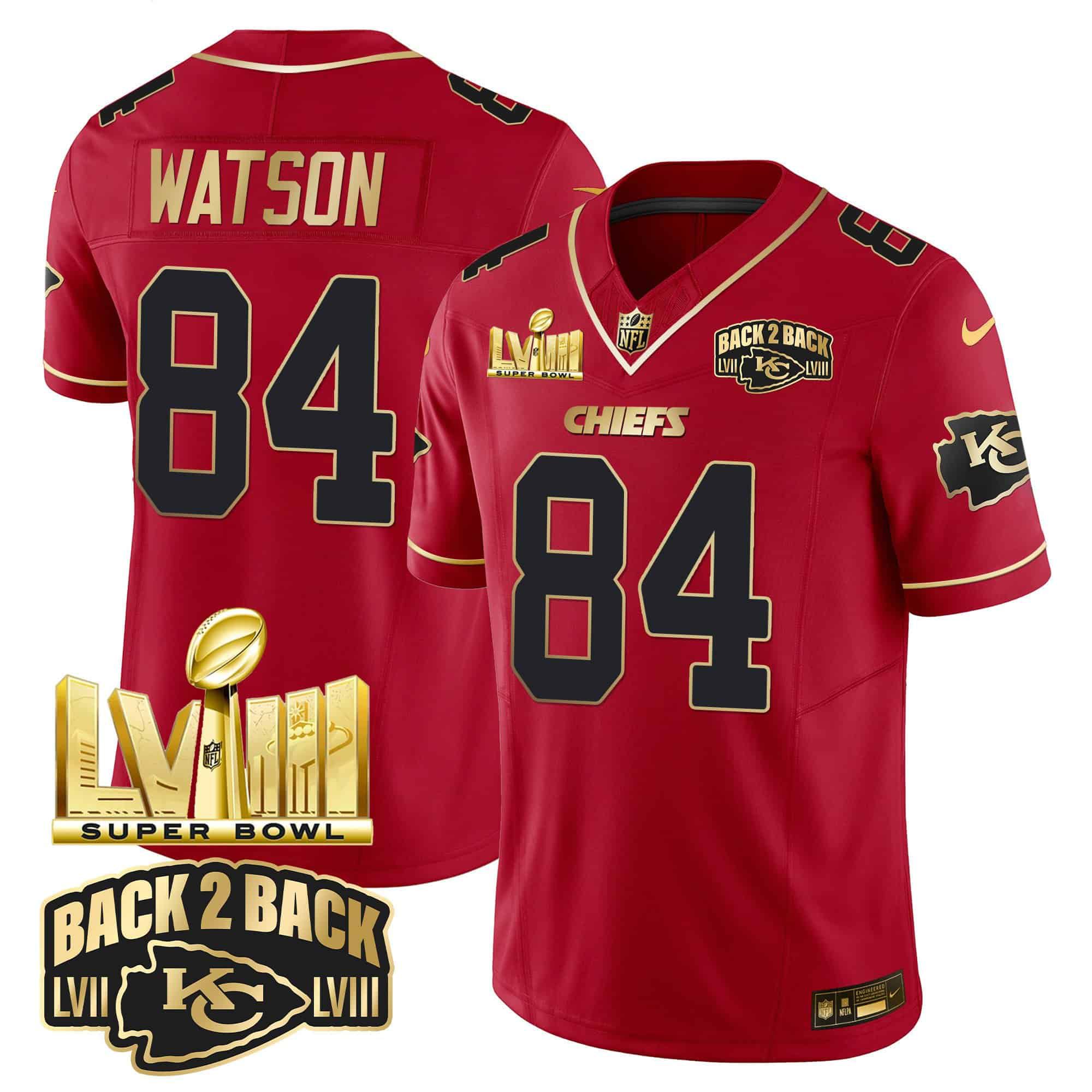 Men Kansas City Chiefs #84 Watson Red 2024 Nike Super Bowl LVIII & Back-2-Back Gold Patch Vapor NFL Jersey style 2